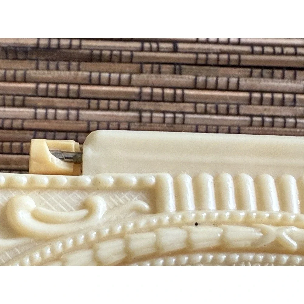 Vintage Celluloid Plastic Jewelry Trinket Box Beige Victorian Style MCM 4.5